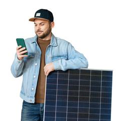 Cutout modern man standing next to solar panel and using his smart phone