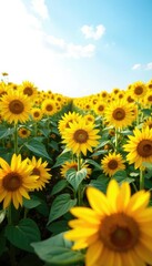 Fototapeta premium A field of sunflowers stretching towards the sky, colorful flowers, white background