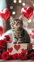 A Kitten's Valentine's Day Dream: A cute kitten sits amidst red heart balloons and roses, embodying the spirit of love and affection in a heartwarming display.