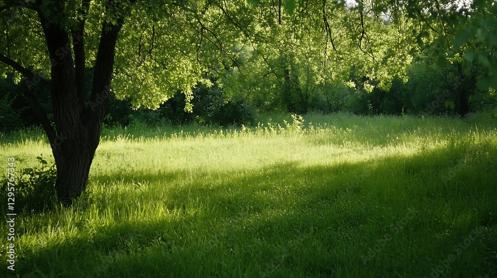 Poster Sunlight filters through vibrant green leaves in a tranquil forest setting : Generative AI