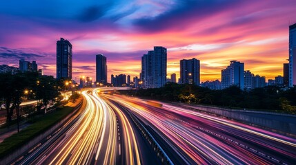 Fototapeta premium Vibrant twilight urban scene with stunning sky colors and dynamic vehicle light trails