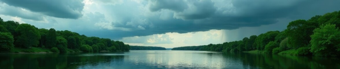 Obraz premium A fleet of grey clouds casts a shadow over the river, greenery, stormy