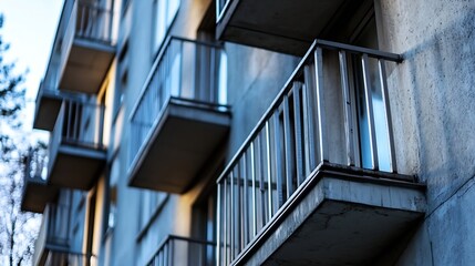 Fototapeta premium Close Up of Modern Apartment Balconies with Reflecting Lights : Generative AI
