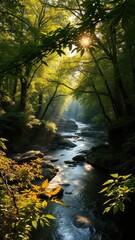 Fototapeta premium Amber light filters through the leaves of a lush forest surrounding a serene river, sunlight, foliage