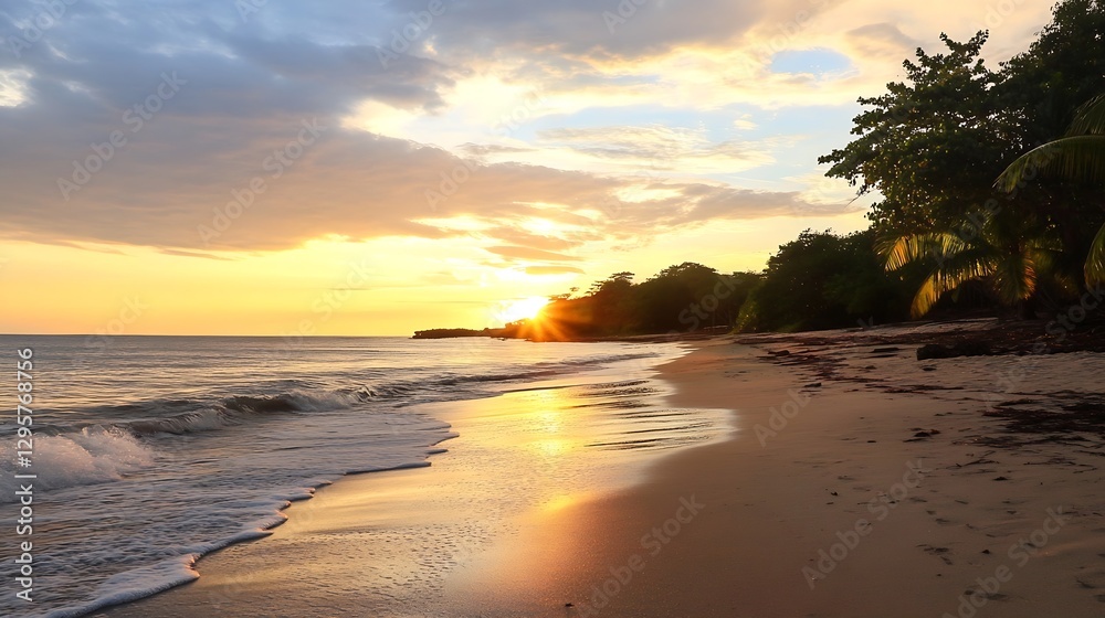 Poster sunset over calm beach with gentle waves and lush tropical vegetation : generative ai