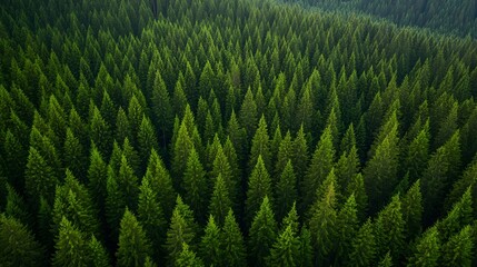 Aerial View of Lush Green Evergreen Forests Covering Landscape Under Clear Blue Sky : Generative AI