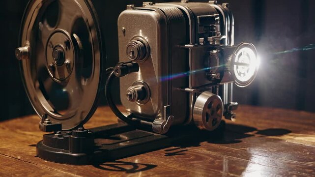 A vintage film projector illuminates the dark space, casting bright light onto a richly grained wooden table. Mechanical details showcase a blend of nostalgia and craftsmanship from the past.