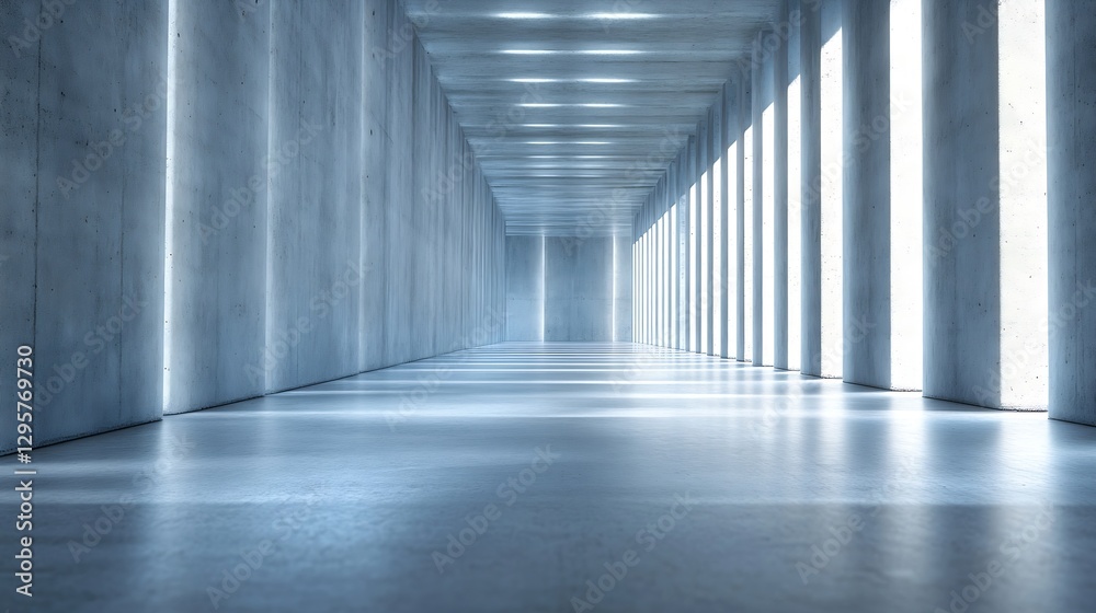 Poster Minimalist Concrete Hallway with Soft Light Streaming Through Tall Windows : Generative AI