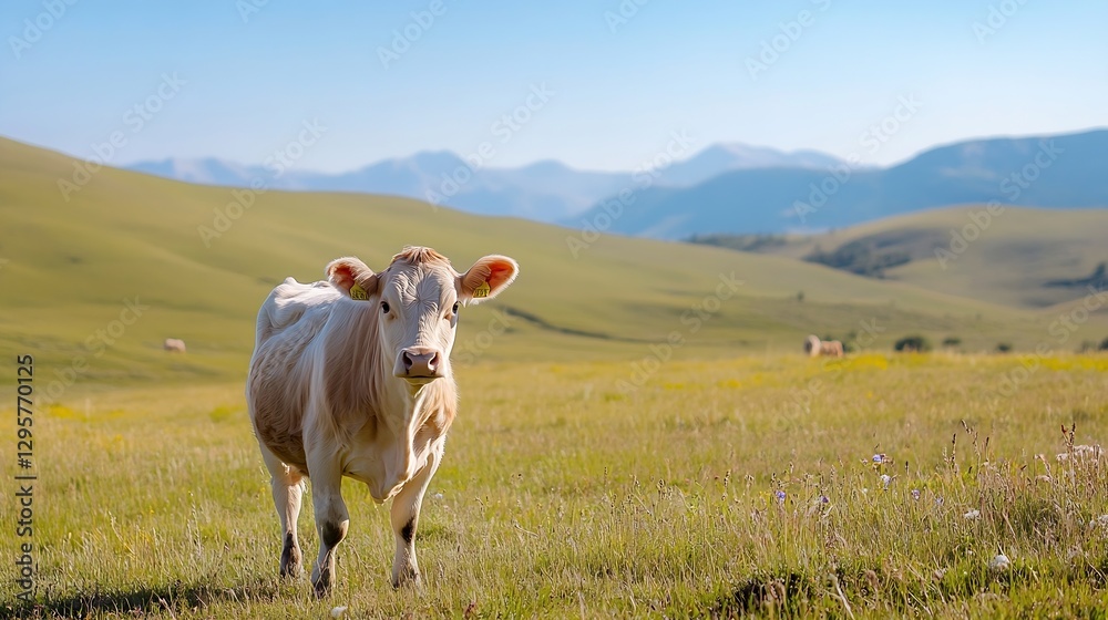 Poster curious white calf in a green meadow with mountains in the background : generative ai