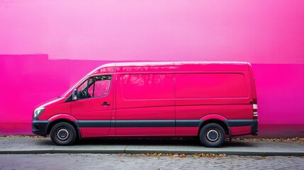 Pink delivery van by vibrant wall. Possible use advertising