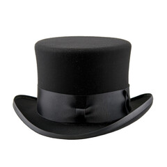 Classic black top hat with satin ribbon on a white background