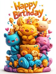 Obraz premium A colorful cake with three cartoon animals on top of it