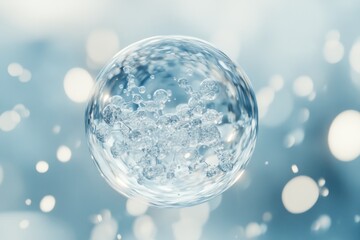 A 3D close-up of a transparent molecular bubble floating in mid-air, surrounded by smaller water droplets