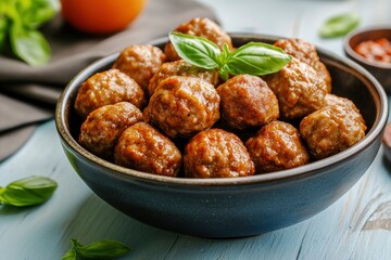 Meatballs in a bowl on a light blue wooden table