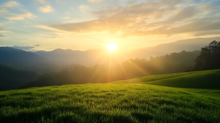 Fototapeta premium Dramatic Sunrise Over Rolling Green Hills and Majestic Mountains : Generative AI