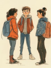 Fototapeta premium Three kids are standing having a conversation