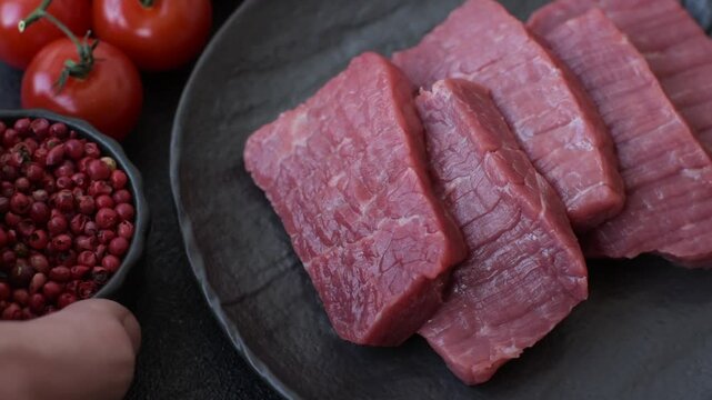 Raw beef tenderloin cut into slices with salt and spices on a dark concrete background