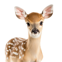 Fototapeta premium Adorable Fawn Deer with Spotted Fur Against a White Background Looking Curious and Alert