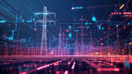 Complex energy grid visualized with efficiency and cost reduction metrics displayed on holograms, power grid optimization, engineering economics