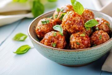 Meatballs in a bowl on a light blue wooden table