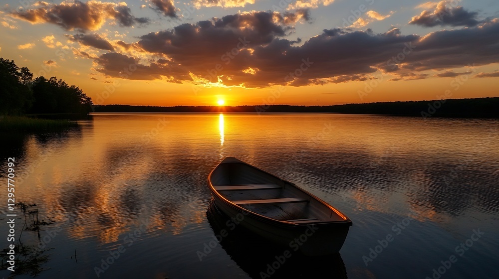 Poster calm tranquil scene of a boat on still water reflecting a glorious sunset and dramatic cloudscape : 