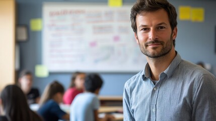 Fototapeta premium Engaging teacher leading a classroom of students while fostering a collaborative learning environment in a modern educational setting