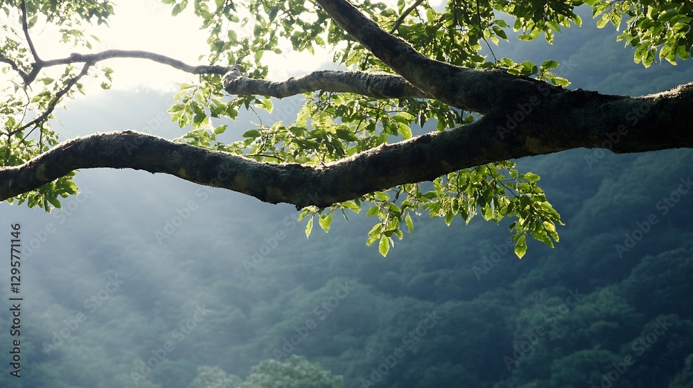Poster sunlight streaming through a leafy tree branch in a serene mountain landscape : generative ai