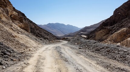 Winding Dirt Road Through Desert Mountains Under Clear Blue Sky : Generative AI