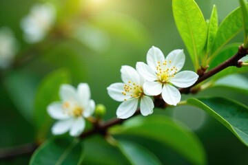 Fototapeta premium Delicate white blooms unfolding on coffee tree branches, white coffee flowers, floral, garden