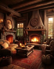 Fototapeta premium A rustic cabin-inspired boho living space with a fireplace and cozy textures.