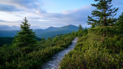 Obraz premium Scenic Mountain Trail with Lush Greenery and Rolling Hills Under a Beautiful Sky : Generative AI