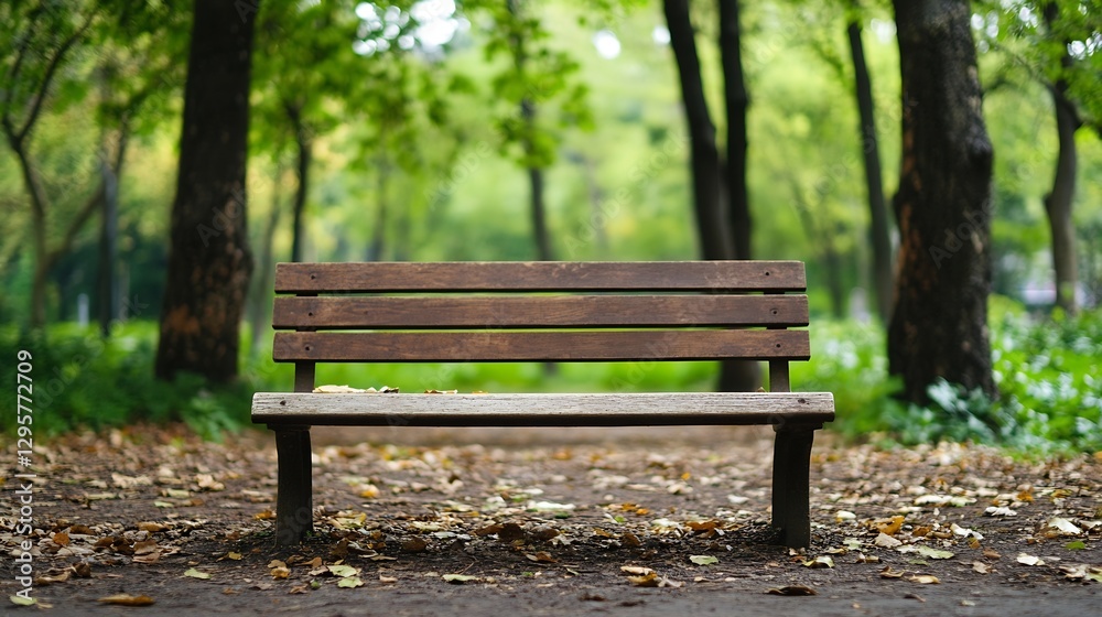 Poster charming empty park bench framed by lush trees and autumn leaves : generative ai