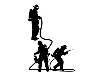 Silhouette of 3 firefighters with fire extinguisher and hose on white 