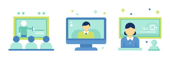 Education concept icons illustrations set. People in classroom, online course, learning. Back to school