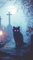 Mysterious Cat in the Cemetery: A black cat with glowing eyes sits in a graveyard under the moonlight, exuding an aura of mystery and intrigue.