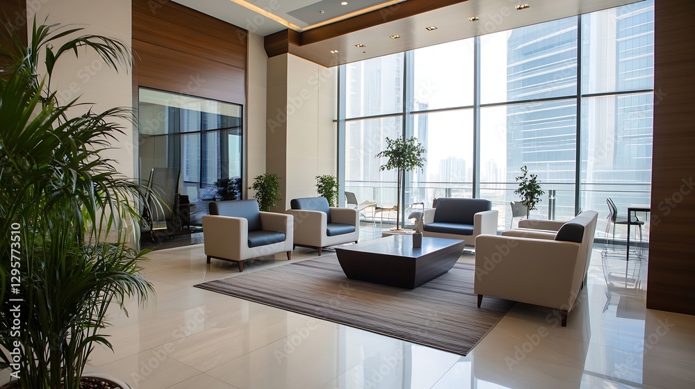 Aufkleber modern office reception area with large windows and stylish furniture : generative ai
