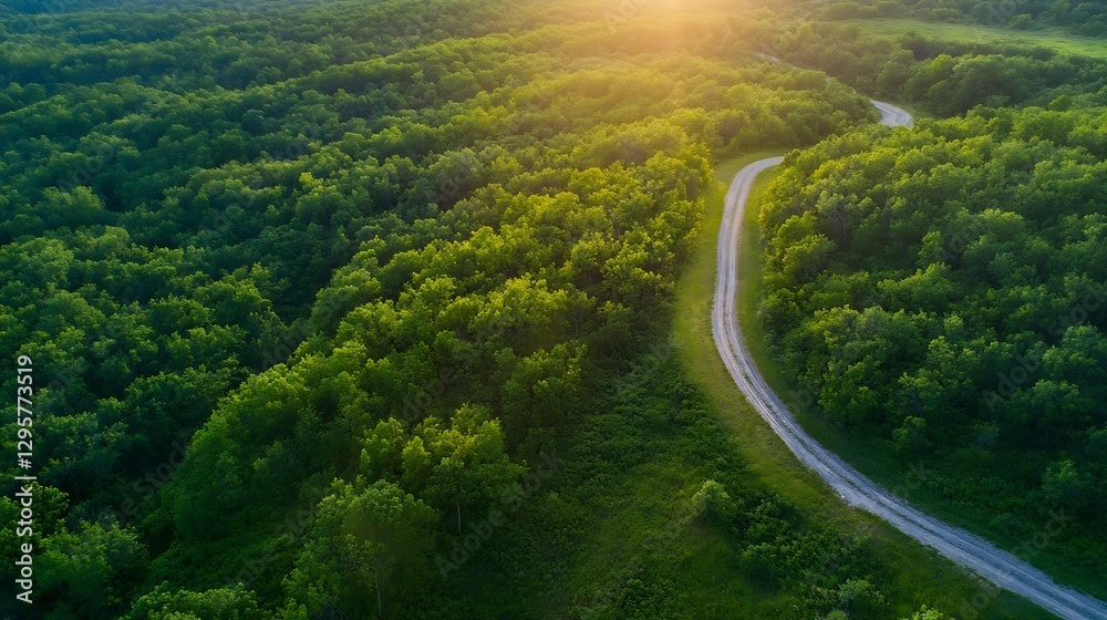 Poster aerial view of lush green forest with a winding road during golden hour : generative ai
