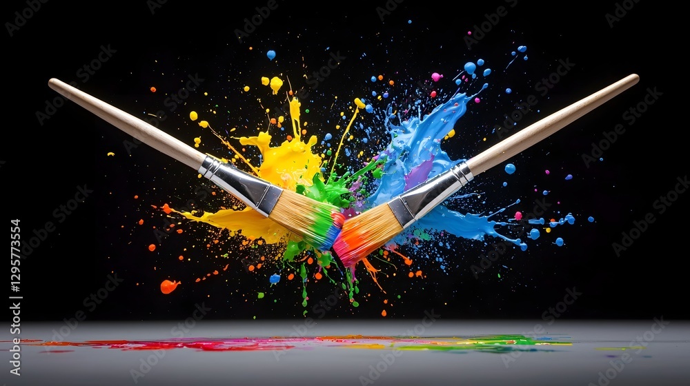 Leinwandbilder Captivating high speed capture showcasing the dynamic collision of two paintbrushes resulting in a vibrant explosion of colorful paint splatters and an energetic abstract composition