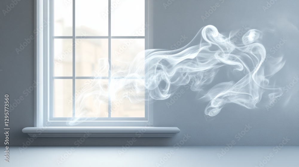 Poster a beautiful display of soft smoke swirling through a sunlit window creates a tranquil atmosphere. th