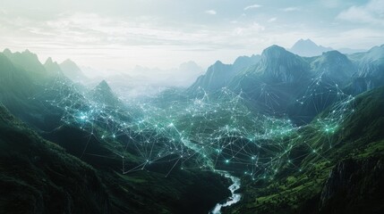 A digital landscape with interconnected blockchain nodes, data flowing between them, representing the secure and transparent nature of blockchain technology in a decentralized digital ecosystem