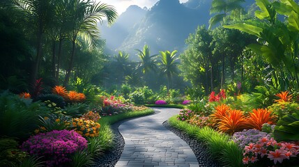 Winding path, tropical garden, mountain backdrop, paradise, tourism