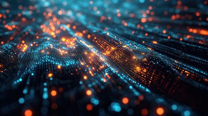 Glowing data points forming a complex network in a digital landscape