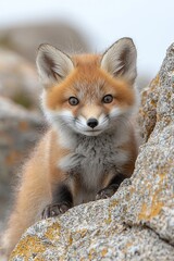 Fototapeta premium A small red fox sitting on top of a rock
