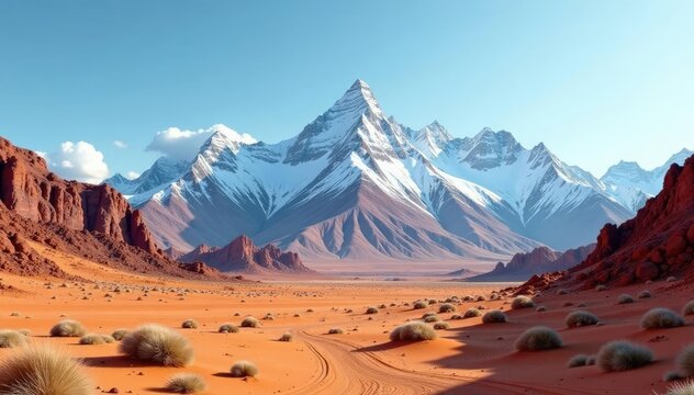 Desert landscape with snow-capped mountains in the background, peaks, snow