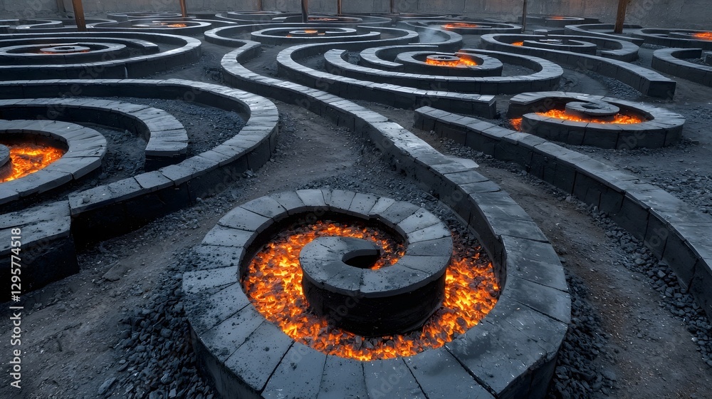 Poster Captivating photograph showcasing a spiral pattern of glowing coals creating a mesmerizing flow of warmth and radiant light in an arrangement