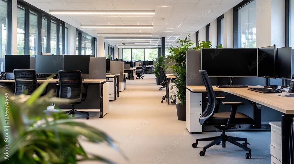 Poster spacious modern office workspace with plants and technology integration : generative ai