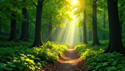 Obraz premium Forest trail with sunlight filtering through leaves, leaves, trails