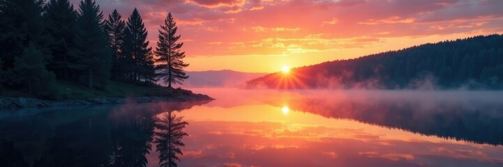 Obraz premium Forest trees reflected in calm lake water during sunset, lake, sunset
