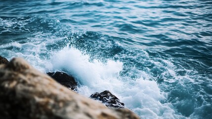 Dynamic Ocean Waves Crashing on Rocky Shoreline with Seafoam and Bright Aqua Tones : Generative AI