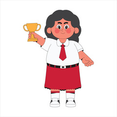 Happy girl student holding Trophy cartoon character illustration
